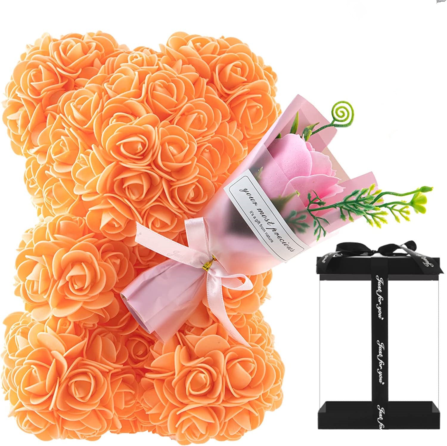 "Rose Flower Teddy Bear – A beautifully crafted teddy bear made from artificial roses, available in various elegant gift box colors. A perfect romantic gift for Valentine's Day, anniversaries, birthdays, weddings, and special occasions."