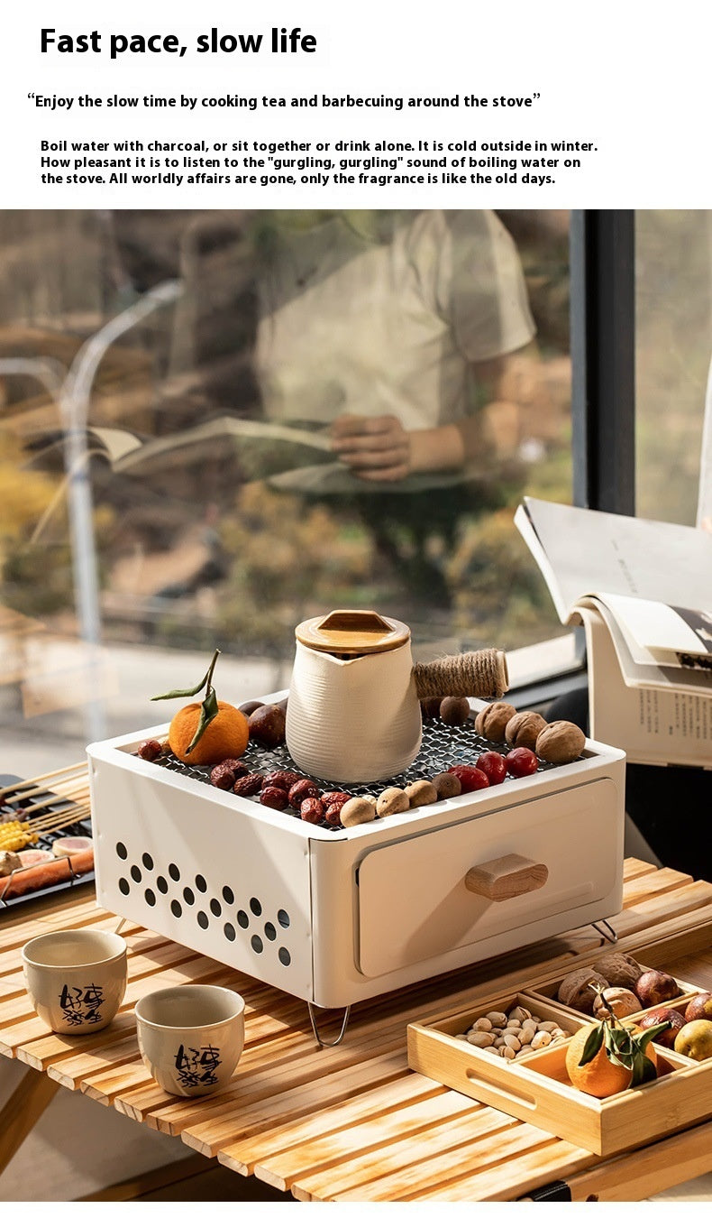 "Square Barbecue Oven-Grill – A white, alloy-constructed grill designed for 3-5 people, featuring a split-type structure, carbon fuel compatibility, and includes a charcoal plate and grill net. Perfect for outdoor gatherings and cookouts."