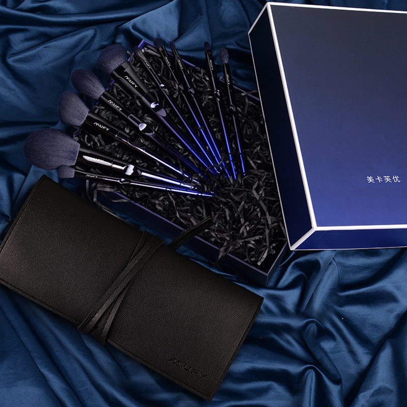 Blue 10-piece makeup brush set featuring soft nylon wool bristles, plastic handles, and a stylish gift box or envelope package, perfect for professional and everyday use.