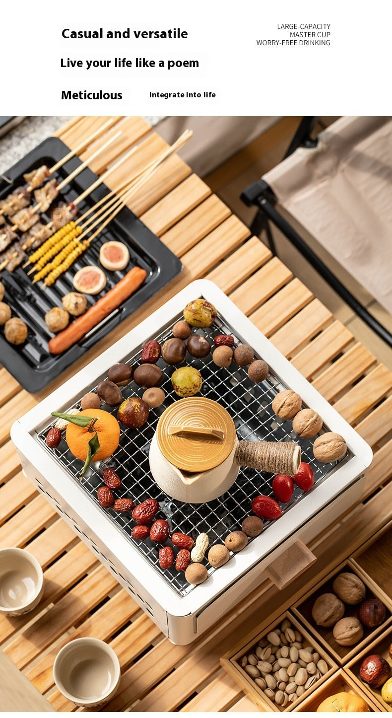 "Square Barbecue Oven-Grill – A white, alloy-constructed grill designed for 3-5 people, featuring a split-type structure, carbon fuel compatibility, and includes a charcoal plate and grill net. Perfect for outdoor gatherings and cookouts."