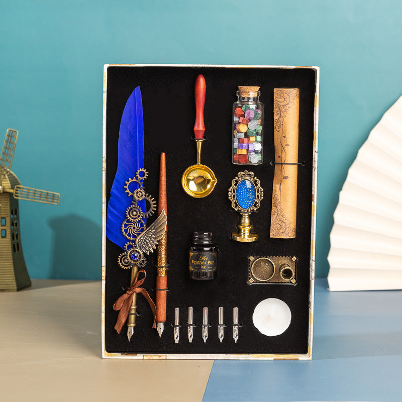 **Business Gift Box Pen Set – Elegant & Crafty 🖋️** A **retro punk-style** pen set with high-quality materials like **brass pen holders**, **natural feathers**, and **wooden components**. Includes **1 feather pen**, **1 wooden dip pen**, **1 candle**, **1 seal**, **1 bottle of wax particles**, **5 replacement tips**, and more, all neatly packaged in a gift box. Available in colors like **wine red, navy blue, black**, and **white**—perfect for gifting or enhancing your workspace. 📜🎁