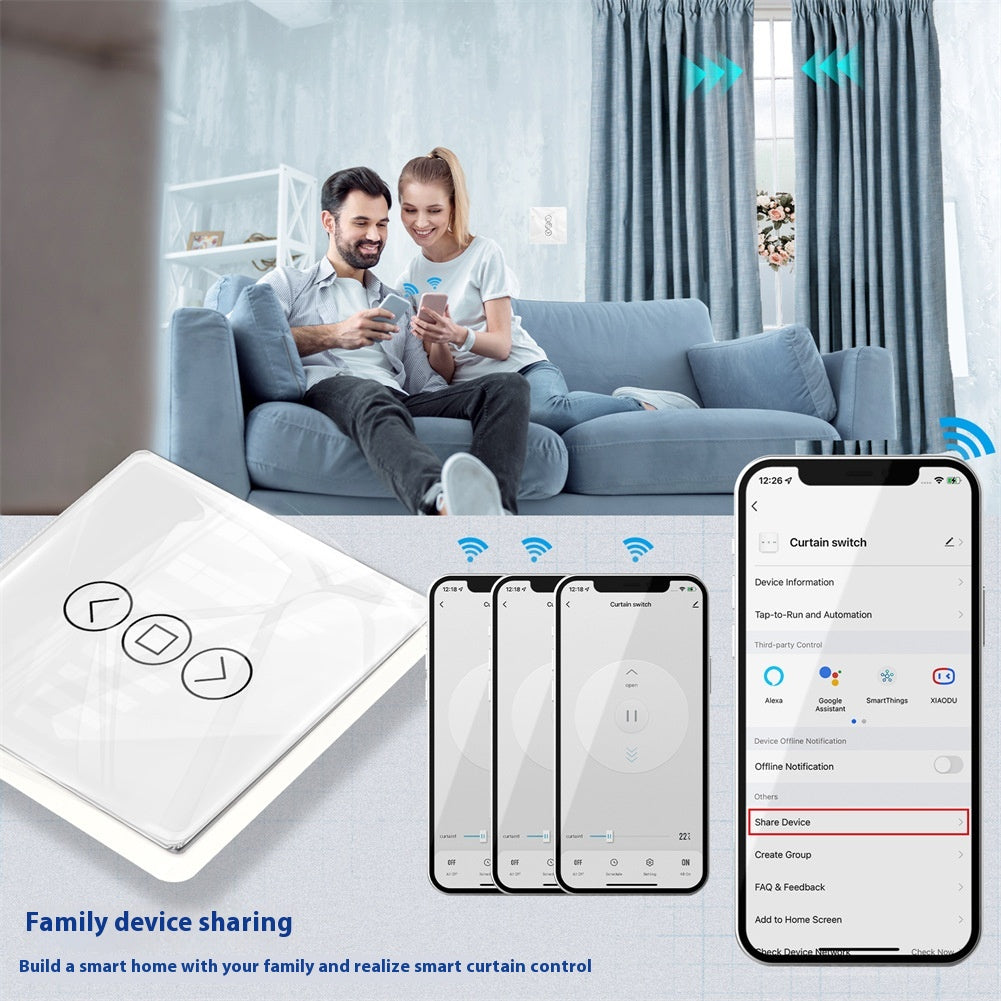 WiFi Smart Curtain with control panel, featuring a waterproof design, timing function, and 2.4GHz RF433 WiFi connectivity. Made with tempered glass and designed for indoor use, it offers smart automation for modern homes.