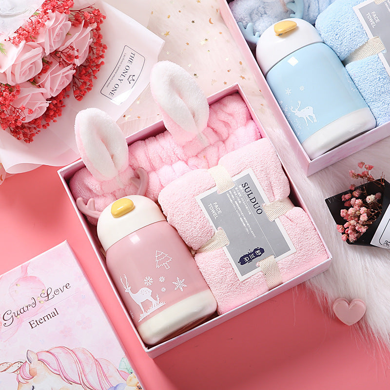 Birthday Cute Gift Set featuring coral fleece towels, matching hair bands, and optional glass cups, umbrellas, or eye masks in various stylish combinations.