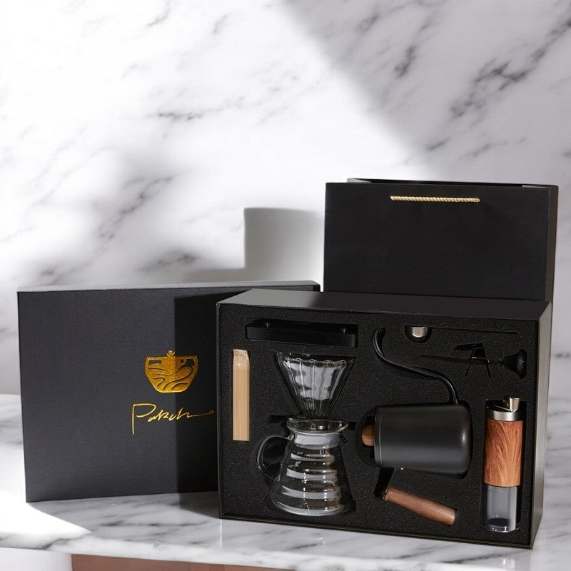 "Pour-Over Coffee Suit Gift Box – A premium coffee brewing set with elegant design and bronzing surface technology. Available in multiple configurations, including 6, 7, 8, and 9-piece sets with luxury packaging. Perfect for coffee lovers, professionals, and gift-giving on any occasion."
