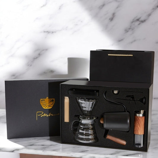 "Pour-Over Coffee Suit Gift Box – A premium coffee brewing set with elegant design and bronzing surface technology. Available in multiple configurations, including 6, 7, 8, and 9-piece sets with luxury packaging. Perfect for coffee lovers, professionals, and gift-giving on any occasion."