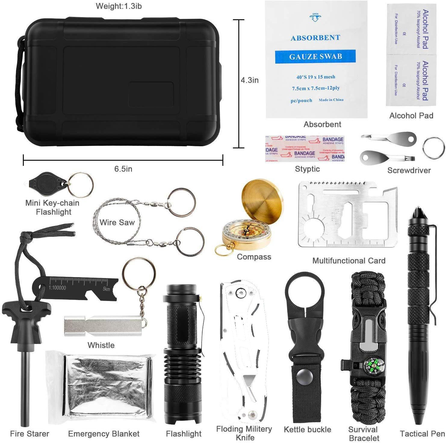 A compact survival tool set with various essential tools for emergencies, including a flashlight, multi-function knife card, whistle, defense pen, compass, survival blanket, and more, all neatly packed in a portable carrying case. Perfect for outdoor adventures and disaster preparedness.