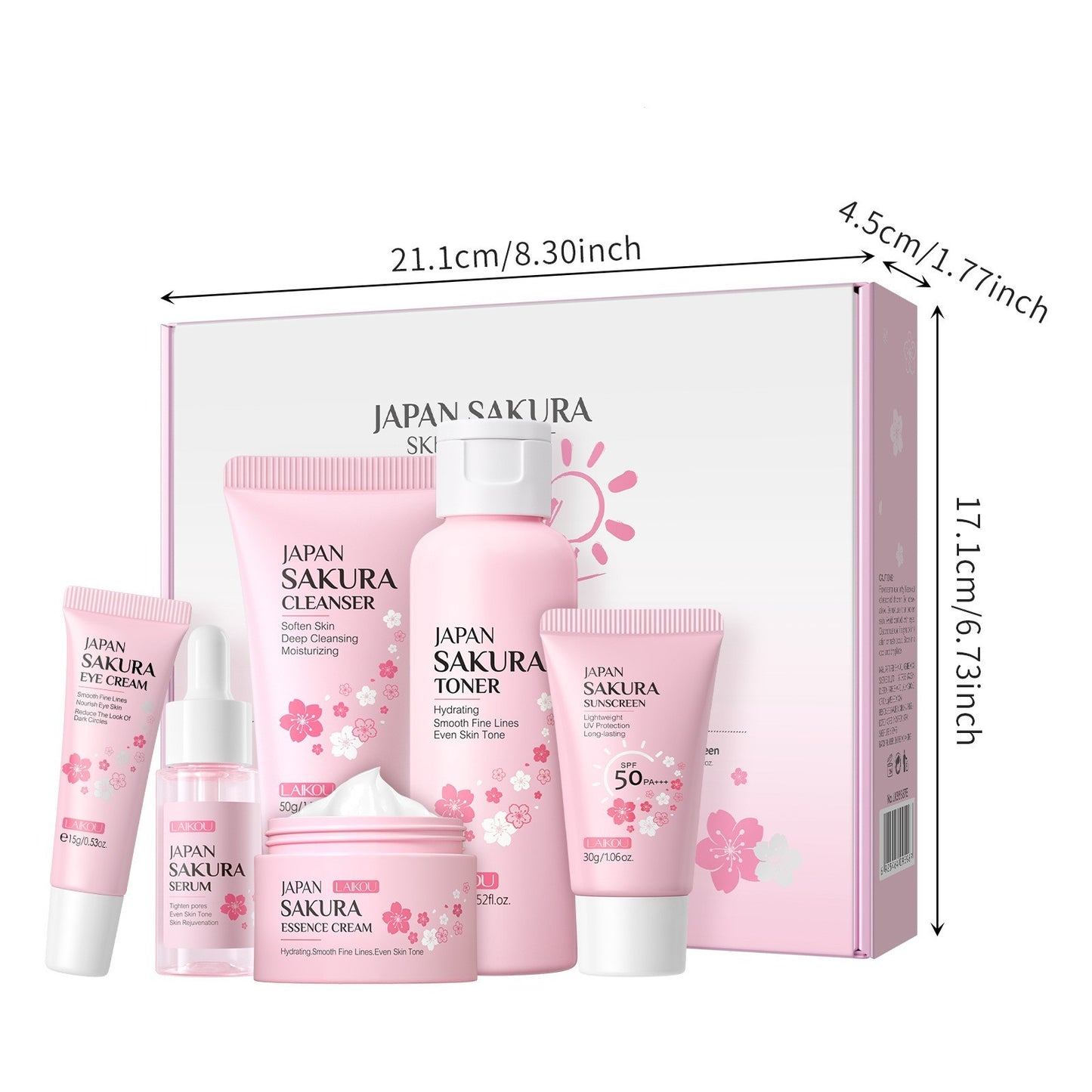 Indulge in the delicate touch of cherry blossoms with this luxurious 6-piece skincare set—specially designed to cleanse, nourish, and rejuvenate your skin. Infused with the essence of cherry blossoms, this set delivers deep hydration, promotes a radiant glow, and leaves your skin feeling refreshed and silky smooth.