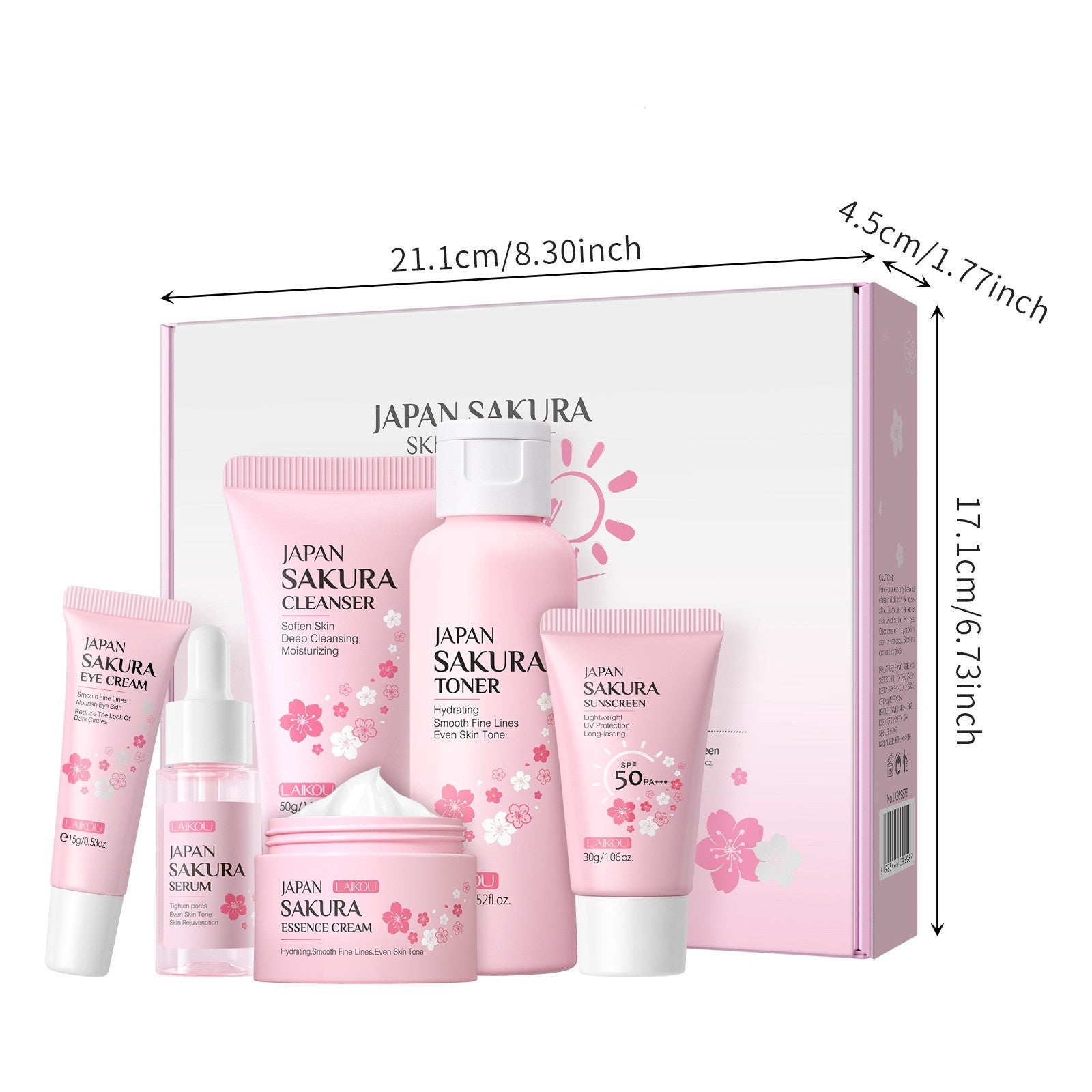 Indulge in the delicate touch of cherry blossoms with this luxurious 6-piece skincare set—specially designed to cleanse, nourish, and rejuvenate your skin. Infused with the essence of cherry blossoms, this set delivers deep hydration, promotes a radiant glow, and leaves your skin feeling refreshed and silky smooth.
