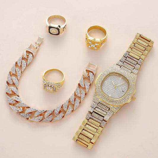 Celebrate the extraordinary man in your life with the Luxury Father's Day Gift Set, a premium collection featuring a diamond-set watch, bracelet, and ring. Designed to make a lasting impression, this sophisticated set exudes elegance, style, and timeless luxury.