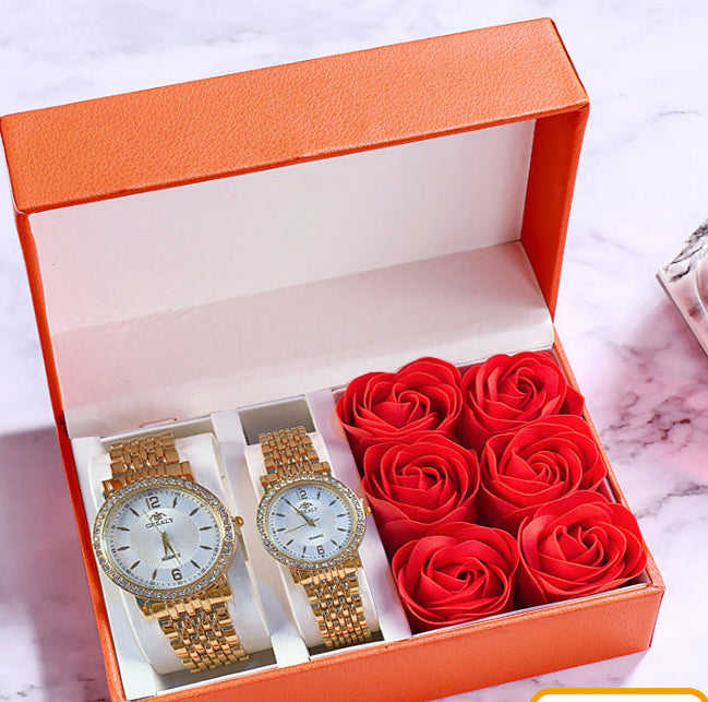 A stylish Women's Watch Business Gift Set featuring a quartz movement, round dial with a spiral crown, and a stainless steel band. The watch comes in multiple colors including white, black, rose gold, and gold, perfect for both professional and casual occasions. The set is elegantly packed and ideal for gifting.
