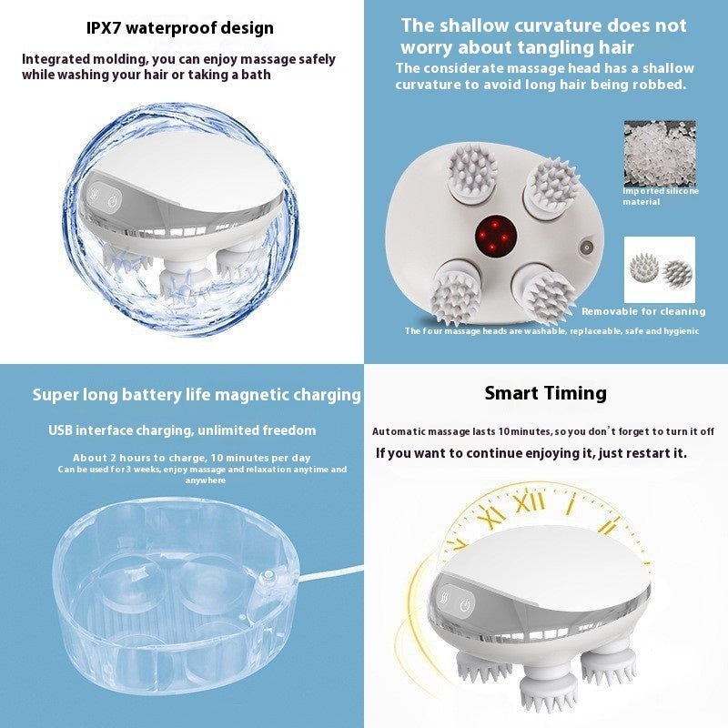 Octopus scalp massage instrument with 4 adjustable gears, USB-powered, available in three models: K113 (no base, no hot compress), K111 (with base and red hot compress), K112 (with base, microcurrent, and red hot compress). Comes with multilingual manuals in Chinese, English, and Japanese.