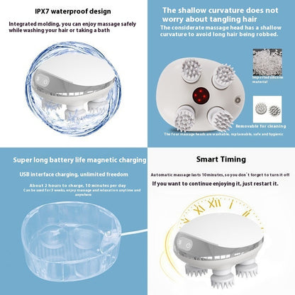Octopus scalp massage instrument with 4 adjustable gears, USB-powered, available in three models: K113 (no base, no hot compress), K111 (with base and red hot compress), K112 (with base, microcurrent, and red hot compress). Comes with multilingual manuals in Chinese, English, and Japanese.