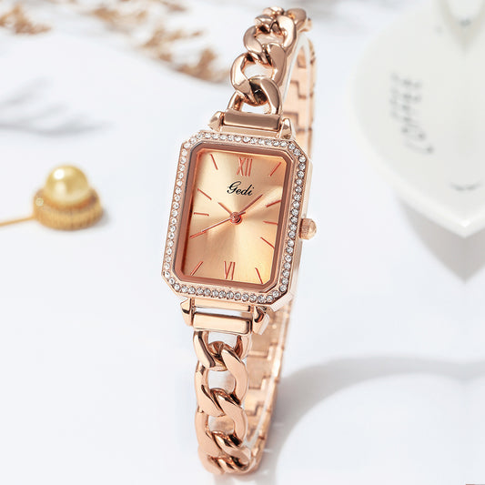 Luxury ladies watch featuring a sleek square dial with a choice of red, gold plate, starry sky black, or small green color options. The 8mm thick watch boasts a mineral reinforced glass mirror, a jewelry buckle, and a stainless steel back for durability and style.