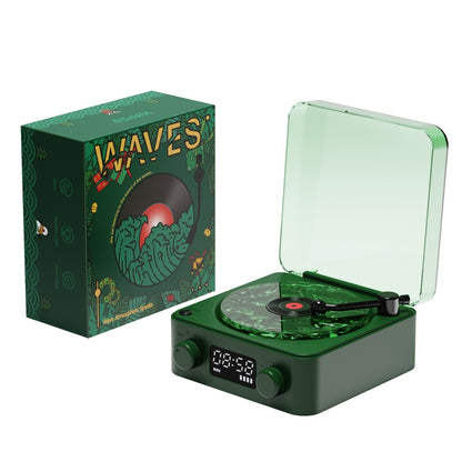 **Retro Turntable Bluetooth Speaker – Vintage Style, Modern Sound 🎶** A portable Bluetooth speaker (142x153x67mm) with a retro design, offering 4 soothing nature sounds like ocean waves and birds. Features 360° surround sound, multiple playback options (Bluetooth, AUX, TF card), and a beautiful breathing light with a transparent turntable. Perfect for parties, relaxation, or enhancing your bedroom ambiance. Available in **blue** and **green**. 🎵