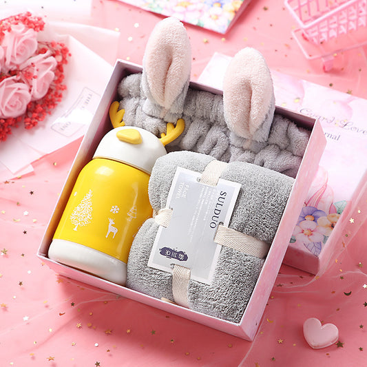 Birthday Cute Gift Set featuring coral fleece towels, matching hair bands, and optional glass cups, umbrellas, or eye masks in various stylish combinations.