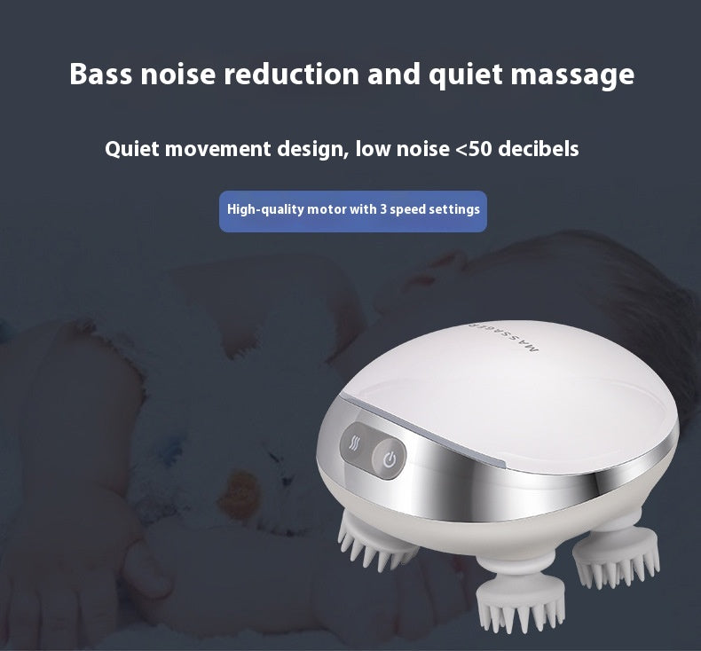 Octopus scalp massage instrument with 4 adjustable gears, USB-powered, available in three models: K113 (no base, no hot compress), K111 (with base and red hot compress), K112 (with base, microcurrent, and red hot compress). Comes with multilingual manuals in Chinese, English, and Japanese.