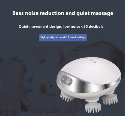 Octopus scalp massage instrument with 4 adjustable gears, USB-powered, available in three models: K113 (no base, no hot compress), K111 (with base and red hot compress), K112 (with base, microcurrent, and red hot compress). Comes with multilingual manuals in Chinese, English, and Japanese.