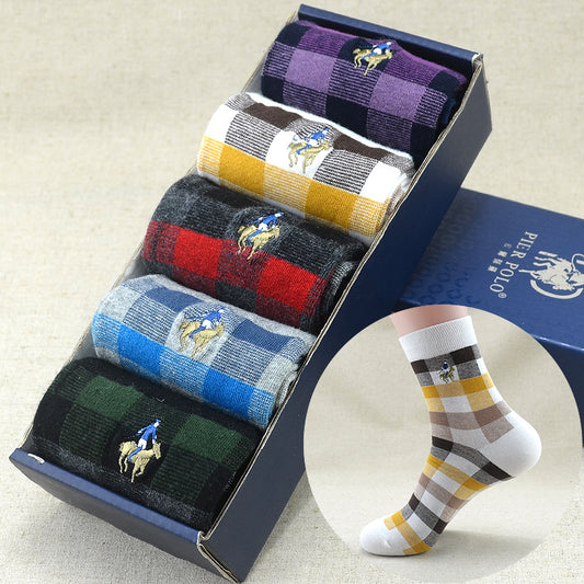 **Men’s High Cotton Socks Set – Moisture-Wicking & Stylish**  

A premium **set of 5 mid-tube cotton socks** designed for comfort and durability. Made from **high-quality cotton** with **moisture-wicking properties**, these socks keep your feet fresh and dry all day. Featuring a **rhombus pattern** and available in various stylish designs, they provide a snug, one-size-fits-most fit. Perfect for everyday wear, work, or outdoor activities.