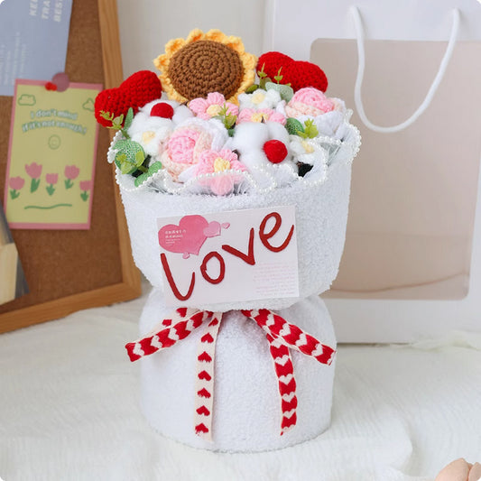 Creative knitted flower bouquet in various colors, perfect for gifting on special occasions like Valentine's Day, Mother's Day, and Teacher's Day, with lasting appeal.