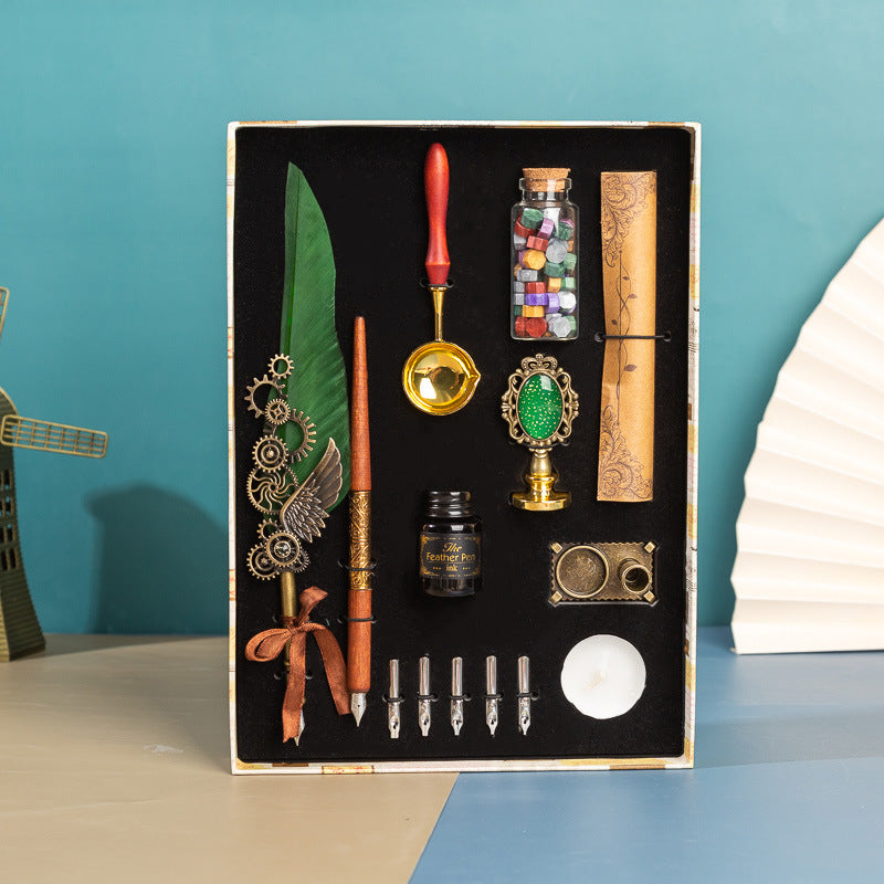 **Business Gift Box Pen Set – Elegant & Crafty 🖋️** A **retro punk-style** pen set with high-quality materials like **brass pen holders**, **natural feathers**, and **wooden components**. Includes **1 feather pen**, **1 wooden dip pen**, **1 candle**, **1 seal**, **1 bottle of wax particles**, **5 replacement tips**, and more, all neatly packaged in a gift box. Available in colors like **wine red, navy blue, black**, and **white**—perfect for gifting or enhancing your workspace. 📜🎁