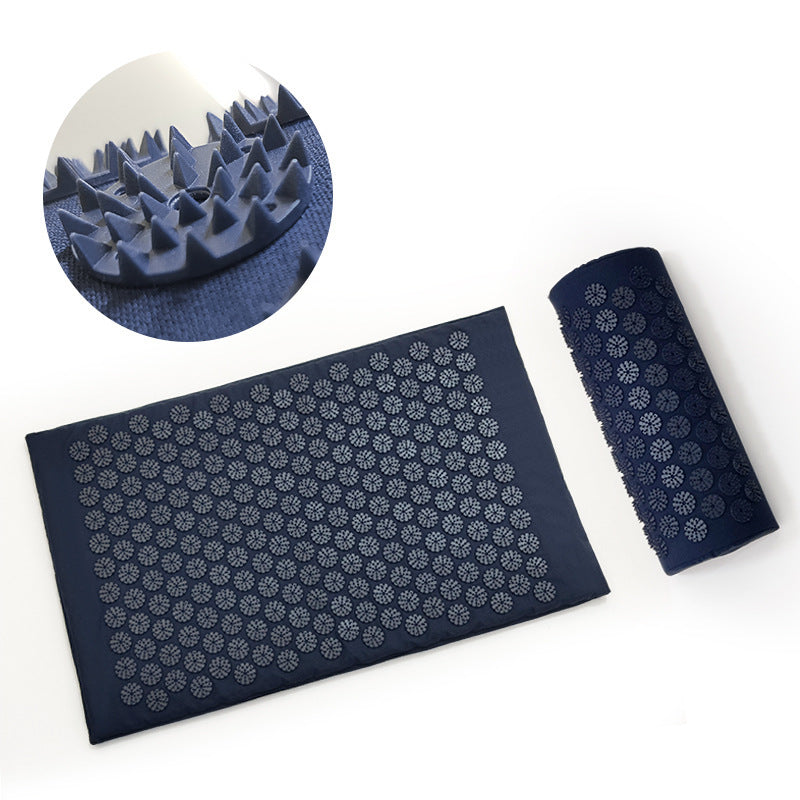 Acupuncture Massage Cushion & Pillow Set with Yoga Mat in green and navy blue, made from cotton, ABS, and sponge materials. Provides relaxation and stress relief.