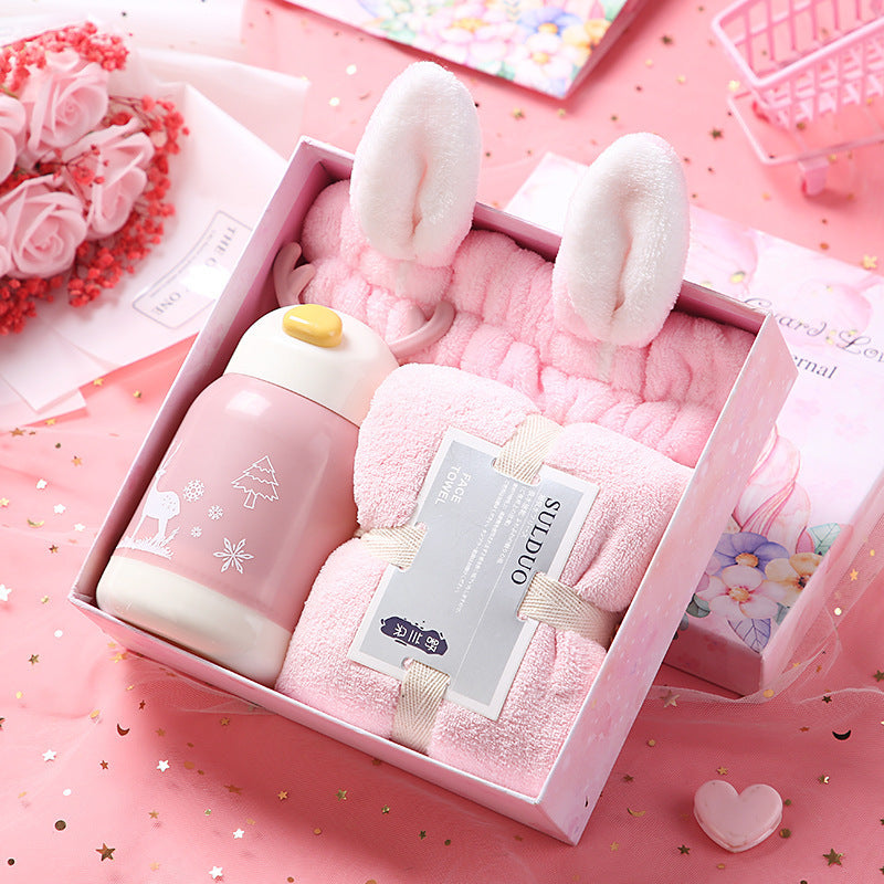 Birthday Cute Gift Set featuring coral fleece towels, matching hair bands, and optional glass cups, umbrellas, or eye masks in various stylish combinations.