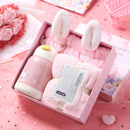Birthday Cute Gift Set featuring coral fleece towels, matching hair bands, and optional glass cups, umbrellas, or eye masks in various stylish combinations.