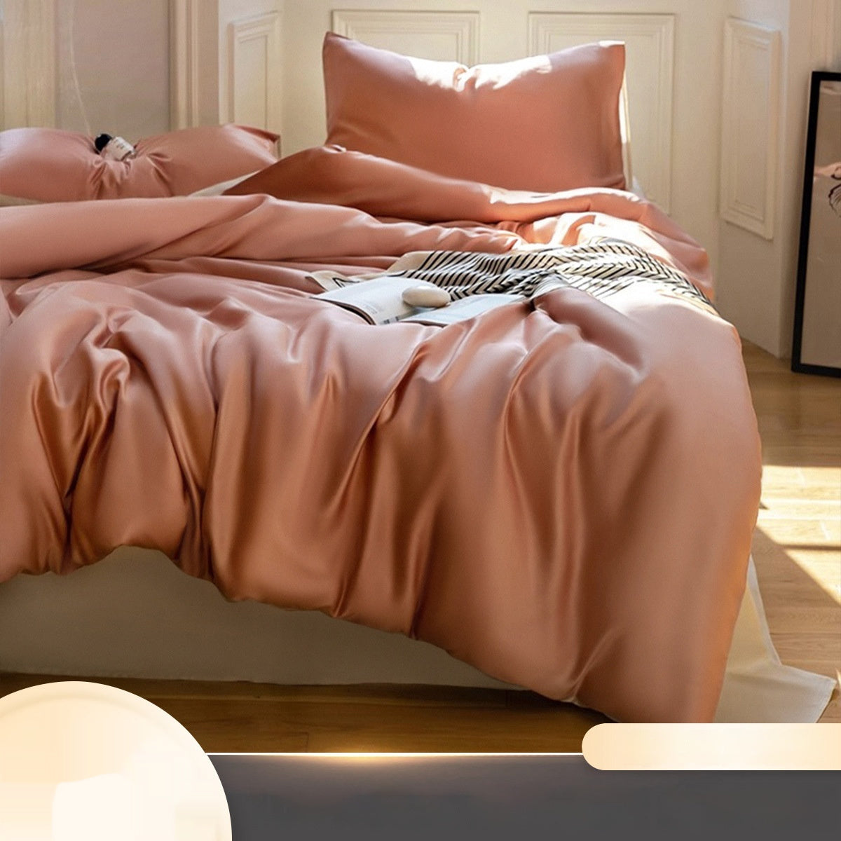 Luxuriously soft Four-Piece Ice Silk Bed Sheets made from breathable Lyocell fiber (Tencel). Features a modern minimalist design, reactive dyeing for long-lasting color, and a silky-smooth texture for year-round comfort. Available in multiple sizes.