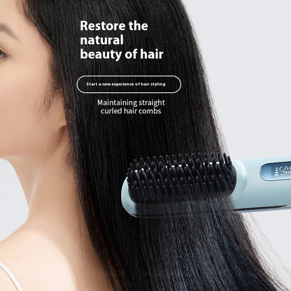 Portable wireless hair straightener in black/white with a sleek design, featuring a 4000mAh rechargeable battery, Type-C fast charging, and three-speed temperature control (160°C-200°C) for effortless styling on the go.