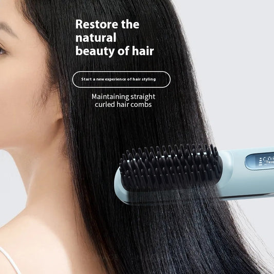Portable wireless hair straightener in black/white with a sleek design, featuring a 4000mAh rechargeable battery, Type-C fast charging, and three-speed temperature control (160°C-200°C) for effortless styling on the go.