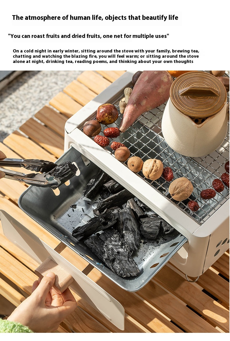 "Square Barbecue Oven-Grill – A white, alloy-constructed grill designed for 3-5 people, featuring a split-type structure, carbon fuel compatibility, and includes a charcoal plate and grill net. Perfect for outdoor gatherings and cookouts."