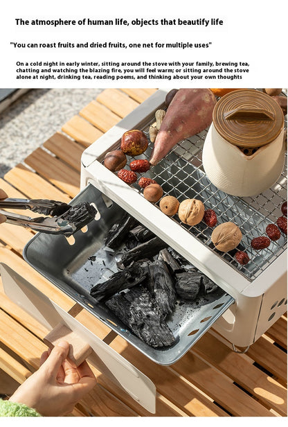"Square Barbecue Oven-Grill – A white, alloy-constructed grill designed for 3-5 people, featuring a split-type structure, carbon fuel compatibility, and includes a charcoal plate and grill net. Perfect for outdoor gatherings and cookouts."