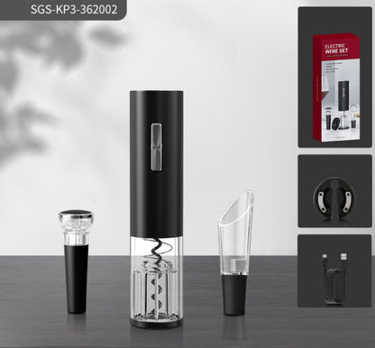 Five-in-One Electric Bottle Opener Set featuring a decanter, paper cutter, pull-out vacuum plug, USB cable, and storage box, all made with durable ABS plastic. A sleek, modern design ideal for various gift-giving occasions.