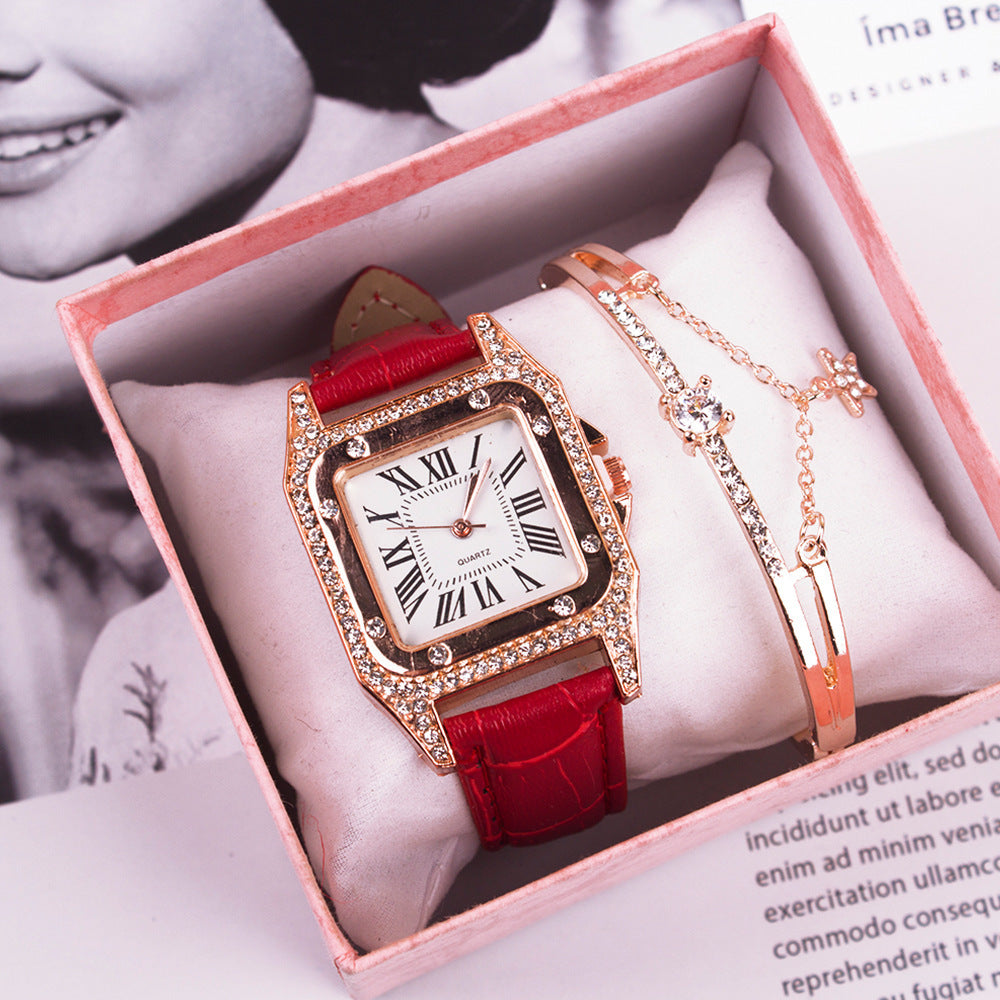 **Two-Piece Watch Set – Elegant & Fashionable ⌚** A sleek, **high-quality quartz alloy** watch with a **casual style**, perfect for fashion-forward women. Available in **Pink**, **Red**, **Black**, **Brown**, and **White**. A must-have accessory for any outfit. 🎁
