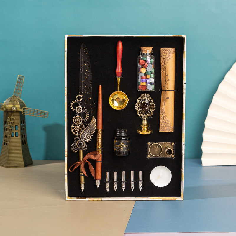 **Business Gift Box Pen Set – Elegant & Crafty 🖋️** A **retro punk-style** pen set with high-quality materials like **brass pen holders**, **natural feathers**, and **wooden components**. Includes **1 feather pen**, **1 wooden dip pen**, **1 candle**, **1 seal**, **1 bottle of wax particles**, **5 replacement tips**, and more, all neatly packaged in a gift box. Available in colors like **wine red, navy blue, black**, and **white**—perfect for gifting or enhancing your workspace. 📜🎁