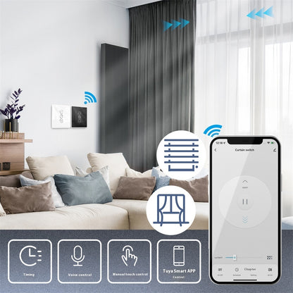 WiFi Smart Curtain with control panel, featuring a waterproof design, timing function, and 2.4GHz RF433 WiFi connectivity. Made with tempered glass and designed for indoor use, it offers smart automation for modern homes.
