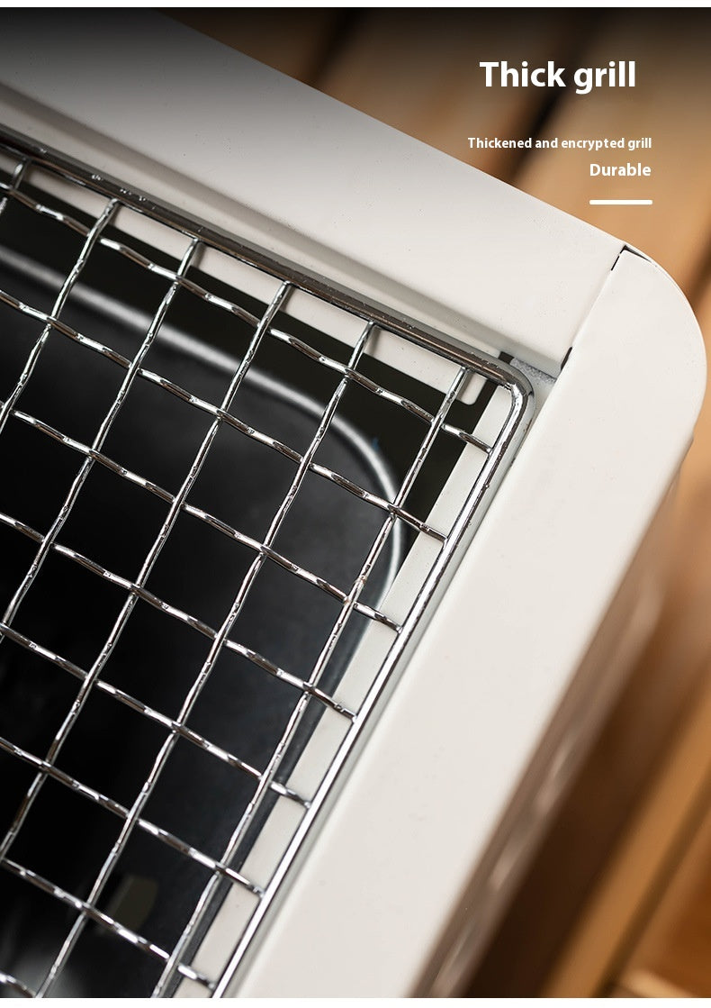 "Square Barbecue Oven-Grill – A white, alloy-constructed grill designed for 3-5 people, featuring a split-type structure, carbon fuel compatibility, and includes a charcoal plate and grill net. Perfect for outdoor gatherings and cookouts."