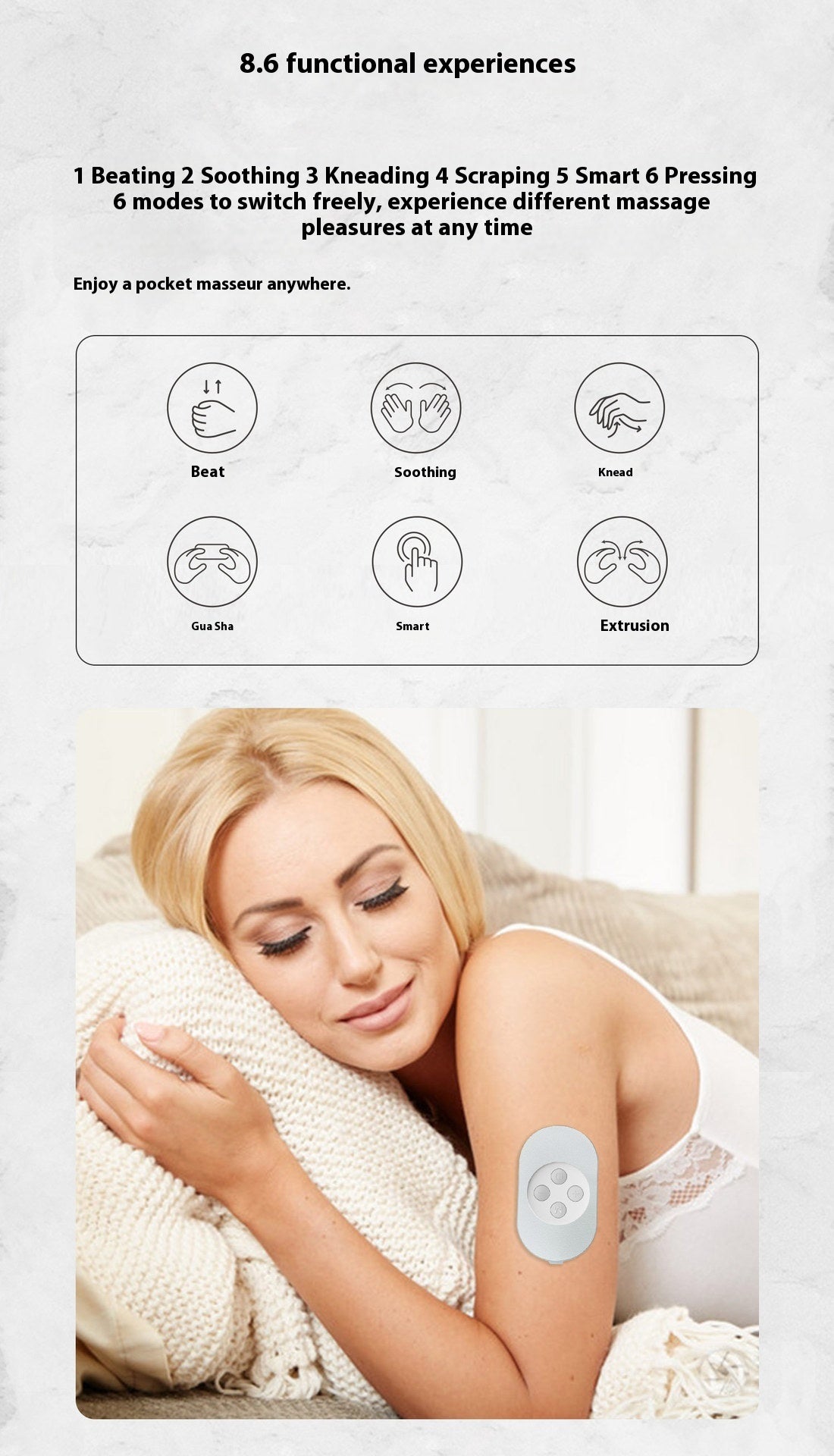 Portable silver USB-powered pocket massage instrument designed for soothing massages, with a compact size for easy travel and a scrub-cleaning method.