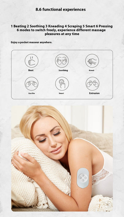 Portable silver USB-powered pocket massage instrument designed for soothing massages, with a compact size for easy travel and a scrub-cleaning method.