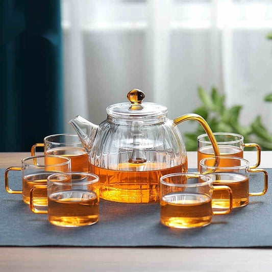 Teapot tea set for household use, featuring a 1000ML hand-painted heat-resistant glass teapot with an option to include 6 matching cups in a simple style design.