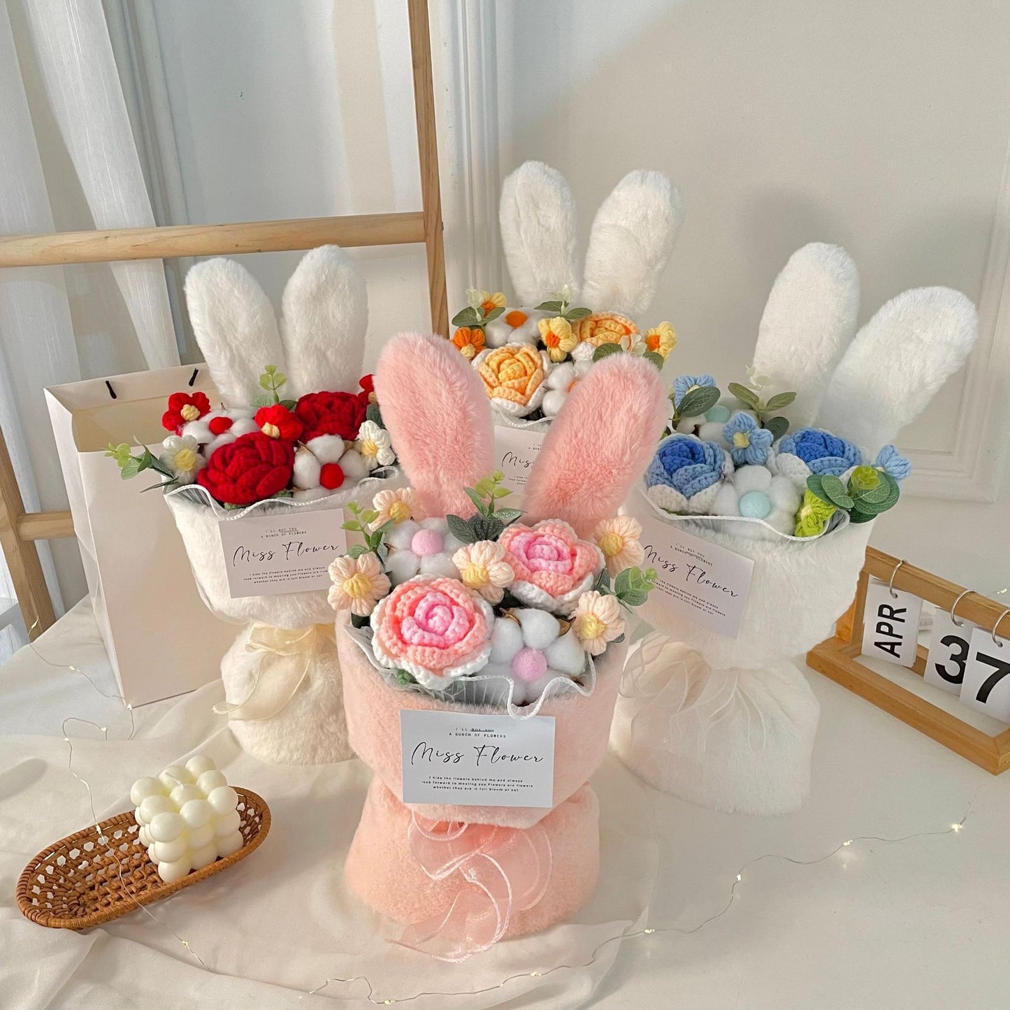 Rabbit Ears Bouquet – A colorful, playful cartoon bouquet in pink, blue, orange, and red with a cute handbag, perfect for holidays like New Year's, Women's Day, and more!