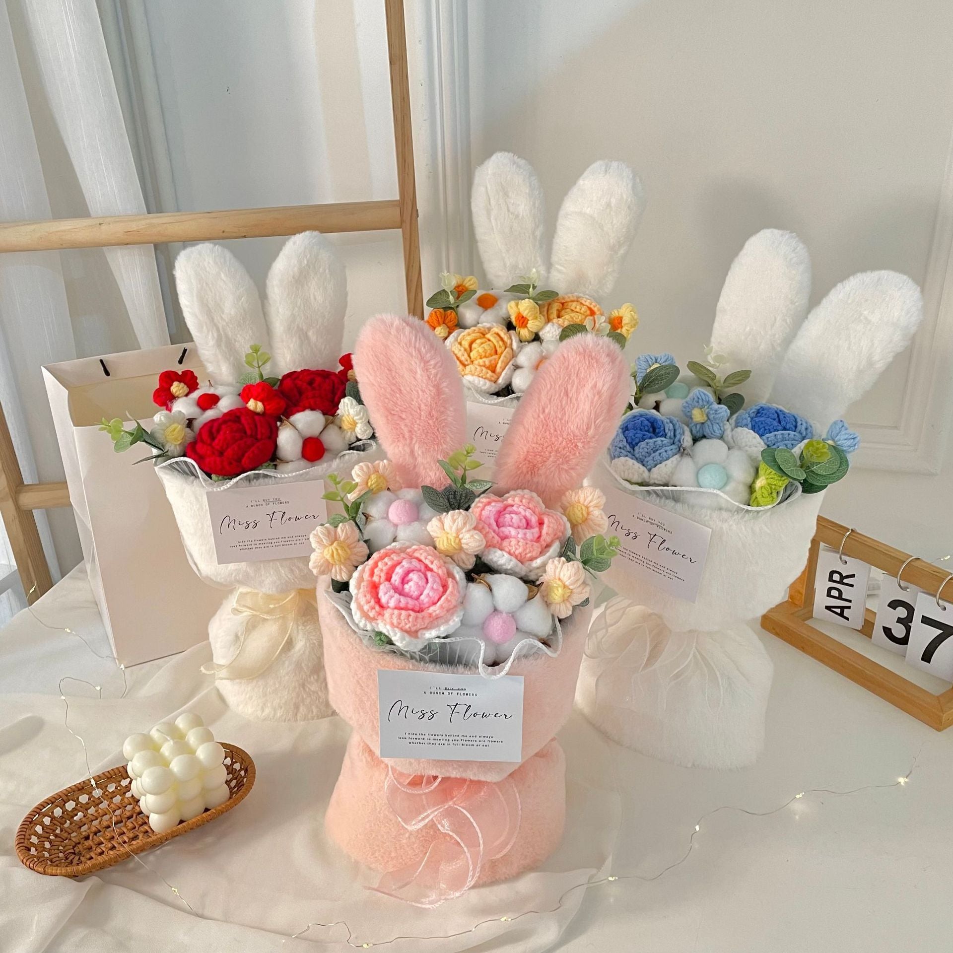 Rabbit Ears Bouquet – A colorful, playful cartoon bouquet in pink, blue, orange, and red with a cute handbag, perfect for holidays like New Year's, Women's Day, and more!
