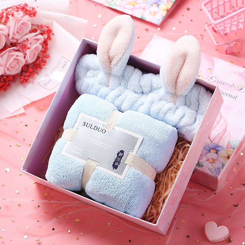 Birthday Cute Gift Set featuring coral fleece towels, matching hair bands, and optional glass cups, umbrellas, or eye masks in various stylish combinations.