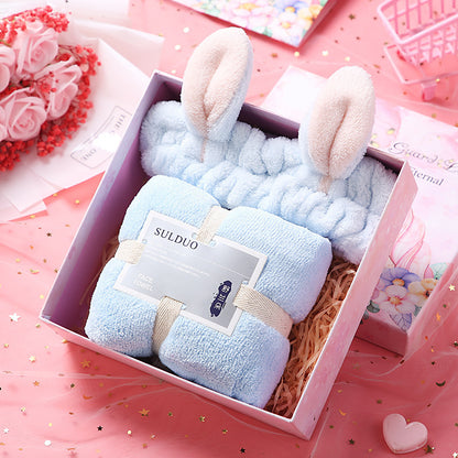 Birthday Cute Gift Set featuring coral fleece towels, matching hair bands, and optional glass cups, umbrellas, or eye masks in various stylish combinations.