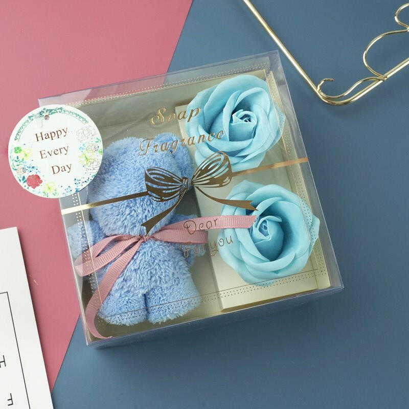 Handmade towel bear in a soap flower gift box, available in red, blue, and pink, perfect for gifting with a charming and fragrant touch