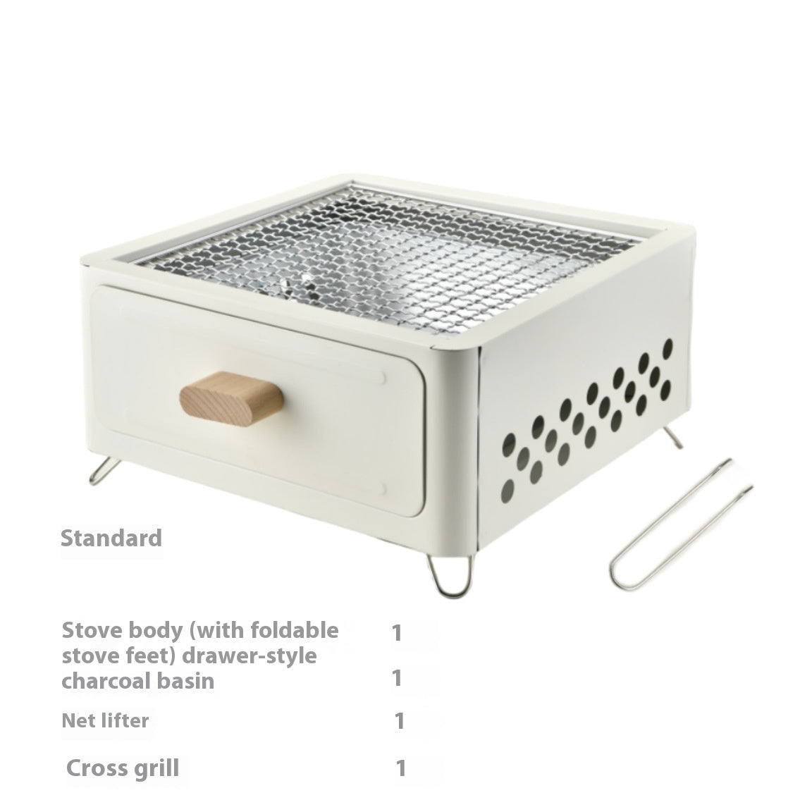 "Square Barbecue Oven-Grill – A white, alloy-constructed grill designed for 3-5 people, featuring a split-type structure, carbon fuel compatibility, and includes a charcoal plate and grill net. Perfect for outdoor gatherings and cookouts."