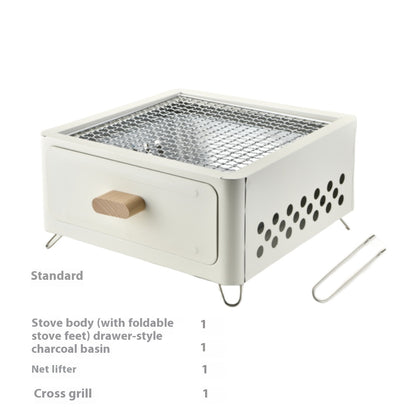 "Square Barbecue Oven-Grill – A white, alloy-constructed grill designed for 3-5 people, featuring a split-type structure, carbon fuel compatibility, and includes a charcoal plate and grill net. Perfect for outdoor gatherings and cookouts."