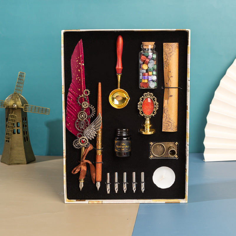 **Business Gift Box Pen Set – Elegant & Crafty 🖋️** A **retro punk-style** pen set with high-quality materials like **brass pen holders**, **natural feathers**, and **wooden components**. Includes **1 feather pen**, **1 wooden dip pen**, **1 candle**, **1 seal**, **1 bottle of wax particles**, **5 replacement tips**, and more, all neatly packaged in a gift box. Available in colors like **wine red, navy blue, black**, and **white**—perfect for gifting or enhancing your workspace. 📜🎁