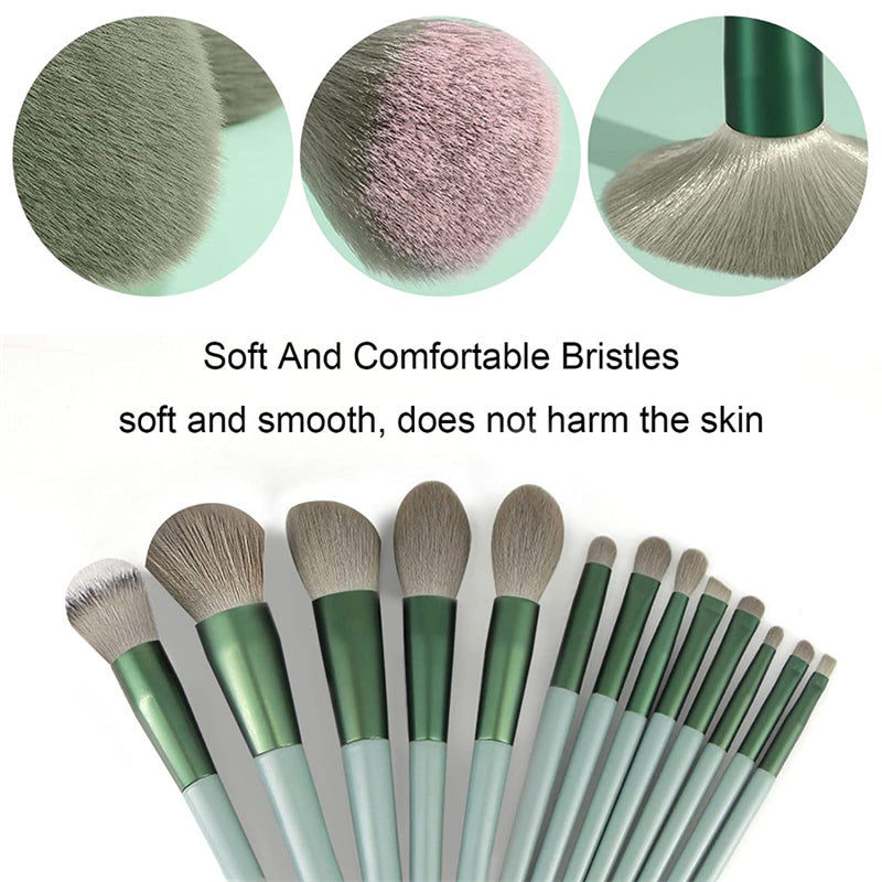 A 13-piece makeup brush set featuring soft synthetic bristles, durable plastic handles, and aluminum ferrules. The set includes brushes for foundation, powder, blush, highlighter, eyeshadow, lip, eyebrow, concealer, and blending. Available in various packaging options such as cloth bags and boxes in green, pink, and yellow. Ideal for professional and personal use, providing precise application and easy cleaning.