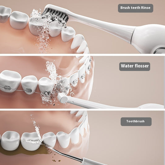 Three-in-one waterproof smart electric toothbrush and oral irrigator in multiple colors (Q1 White, Q1 Black, Q2 White, Q2 Pink), featuring a rechargeable power type, magnetic suspension motor, and over 5 gear settings for customizable cleaning.
